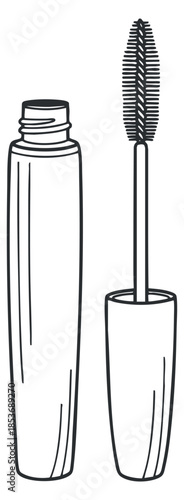 A mascara tube and applicator brush in a clean outline vector style, perfect for beauty and cosmetic branding