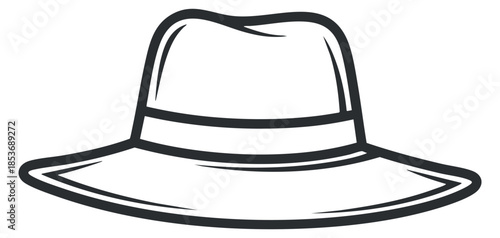 A wide-brim hat in black and white minimalist vector style, ideal for summer fashion and outdoor activities