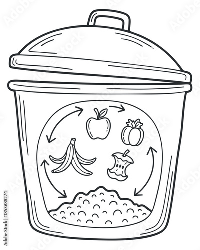 A compost bin illustration featuring fruits, vegetables, and recycling arrows in a black outline minimalist vector style, ideal for eco-friendly designs