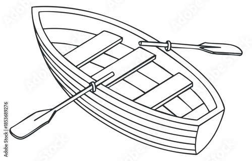 A simple outline illustration of a rowboat with oars in a minimalist vector style, suitable for nautical-themed designs