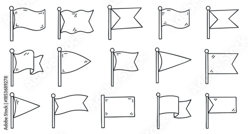 A collection of various flags and banners in minimalist outline vector style, suitable for event branding and decorative purposes