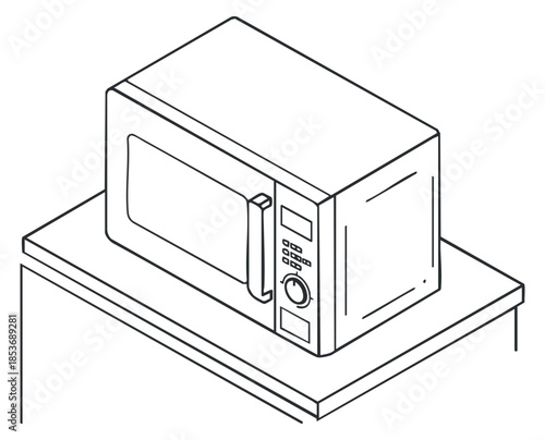 A microwave oven on a countertop in minimalist outline vector style, suitable for kitchen design and appliance illustrations