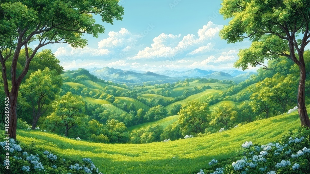 Fototapeta premium Verdant hills with flowers under blue sky