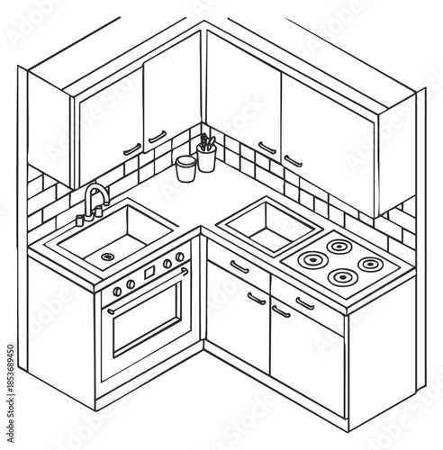 A detailed isometric illustration of a modern kitchen layout with cabinets, sink, stove, and counter in line art style, suitable for interior design projects