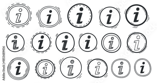A collection of information icons featuring stylized 'i' symbols in various circle designs, in black and white vector style, suitable for user interface and branding projects