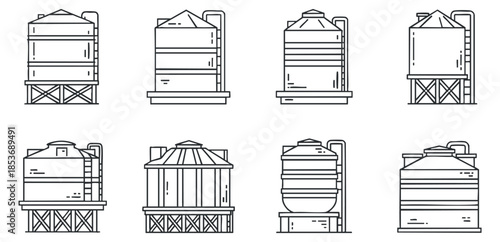 A collection of industrial silos and storage tanks in outline vector style, suitable for agricultural and industrial design projects