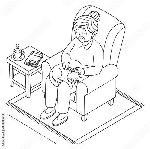 An elderly woman sitting in a cozy chair with a cat on her lap, in a minimalist line art vector style, perfect for home and lifestyle illustrations