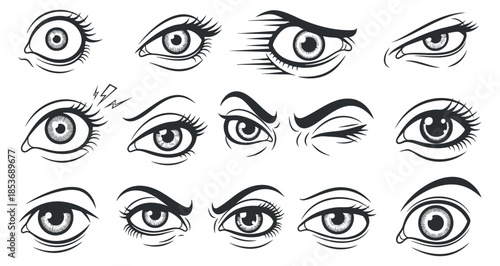 A collection of diverse eye expressions in black and white vector style, suitable for character design and illustration projects