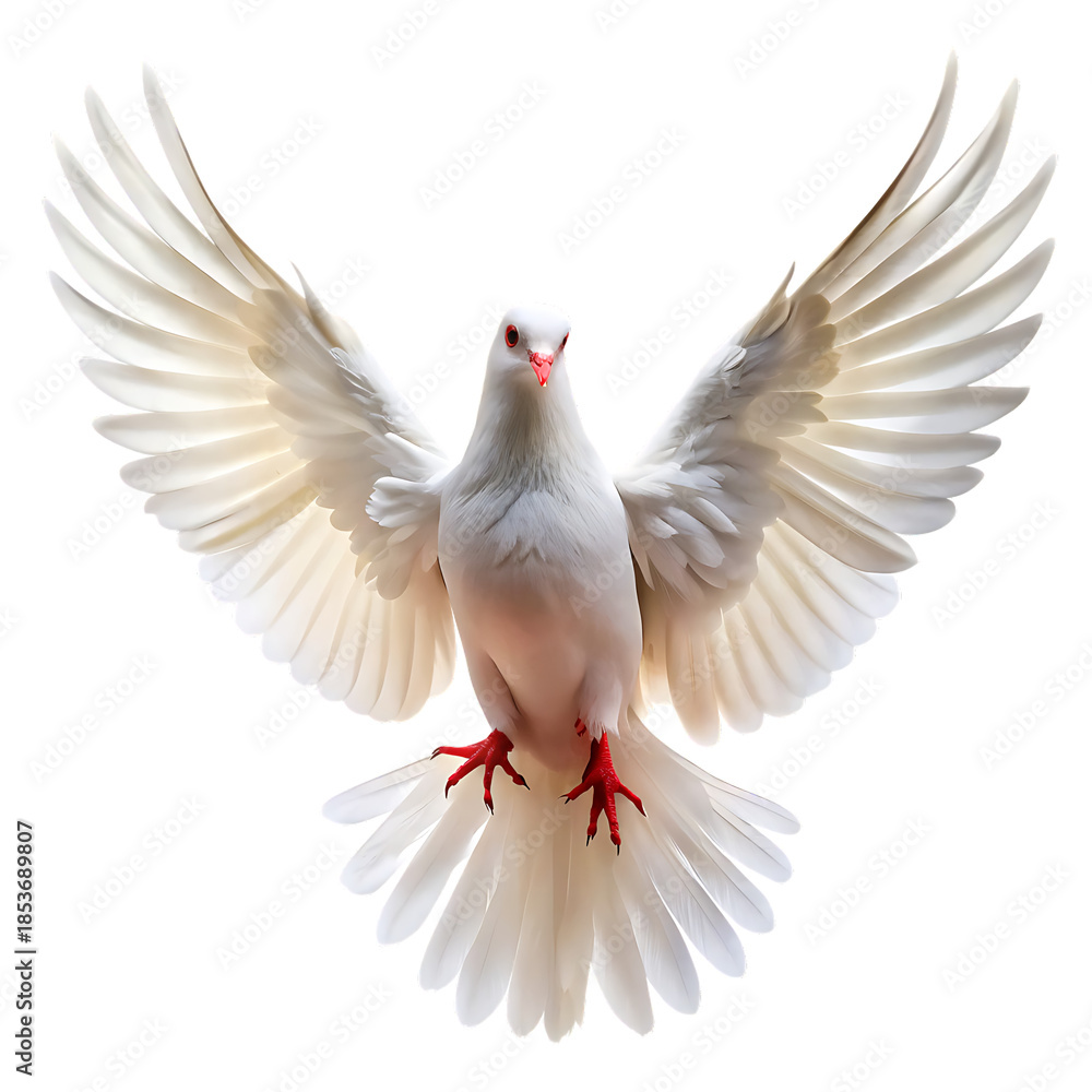 Obraz premium A striking white dove in flight with wings wide spread, a symbol of peace and hope