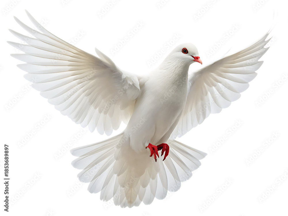 Obraz premium A white dove in full flight with widespread wings against a stark black background