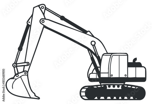 An excavator with a hydraulic arm and tracks in black and white outline vector style, suitable for construction and engineering projects