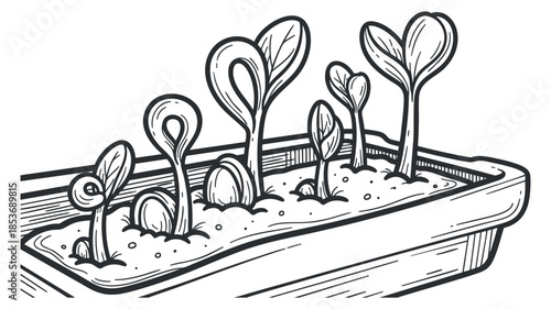 A hand-drawn illustration of sprouting plants in a planter box in black and white sketch style, suitable for gardening themes