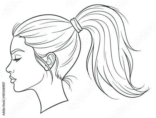 A profile illustration of a woman with a ponytail in minimalist line art style, suitable for beauty and fashion designs