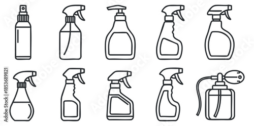 A collection of various spray bottles in minimalist outline vector style, suitable for cleaning product branding and packaging