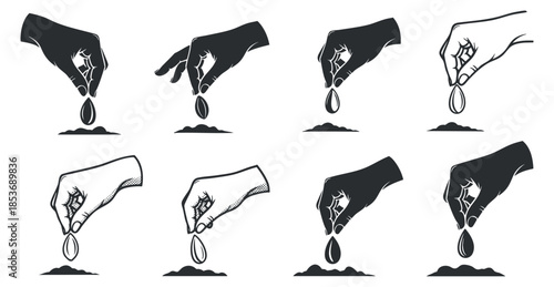 A set of hands demonstrating the process of planting seeds in black and white outline vector style, suitable for gardening and agricultural themes
