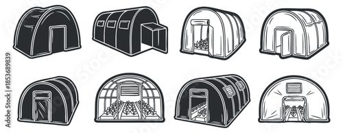 A collection of various tent designs in black and white minimalist vector style, ideal for outdoor activities and camping branding