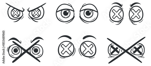 A set of expressive eye icons featuring various emotions in black and white minimalist vector style, ideal for graphic design and communication projects