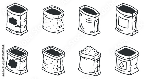 A collection of various sack and bag illustrations in black and white outline vector style, ideal for food packaging designs