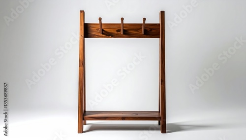 Vintage Wooden Coat Rack with Hooks and Shelf.