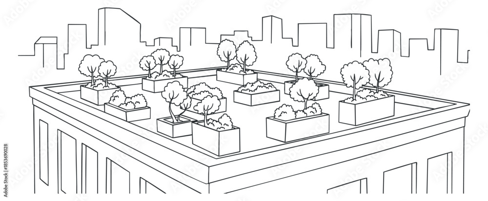 Obraz premium A rooftop garden featuring planters and trees in minimalist black and white outline vector style, ideal for urban design projects