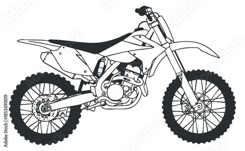 A detailed outline illustration of a dirt bike in black and white vector style, ideal for motorsport graphics and designs