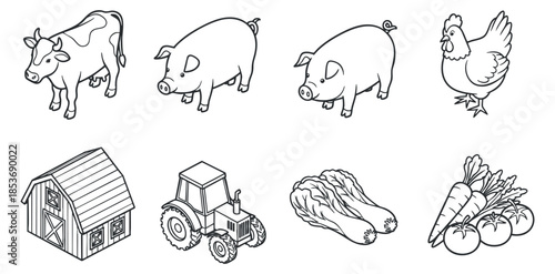 A collection of farm animals and equipment including a cow, pigs, chicken, barn, and tractor in outline vector style, ideal for agricultural themes
