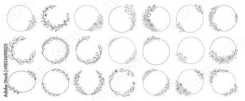 Floral wreath frames and circular botanical borders, elegant hand drawn line art flowers and leaves, decorative wedding invitation design set on transparent background