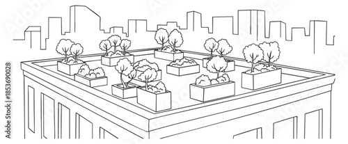 A rooftop garden featuring planters and trees in minimalist black and white outline vector style, ideal for urban design projects