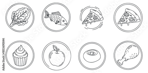 A set of food icons including lettuce, fish, pizza, cupcake, apple, sushi, and chicken in minimal outline vector style, perfect for restaurant menus or food blogs