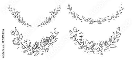Floral wreath frames collection, botanical circular borders with leaves and flowers, elegant hand drawn vintage line vector illustration on transparent background