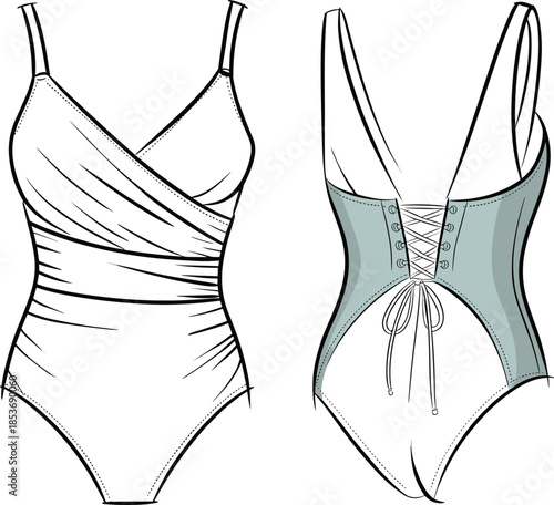 Elegant Surplice One-Piece Swimsuit Technical CAD Drawing, Flat Vector Illustration Featuring Ruched Front Bodice, Wrap Style V-Neck, and Lace-Up Corset Back Detail.