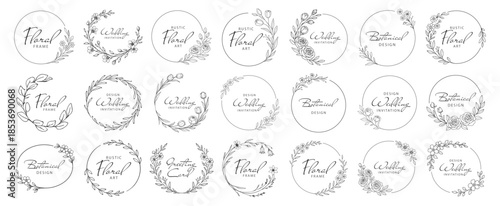 Floral wreath frames for wedding invitations, botanical hand drawn vector illustration set, elegant rustic line art circles and borders on transparent background