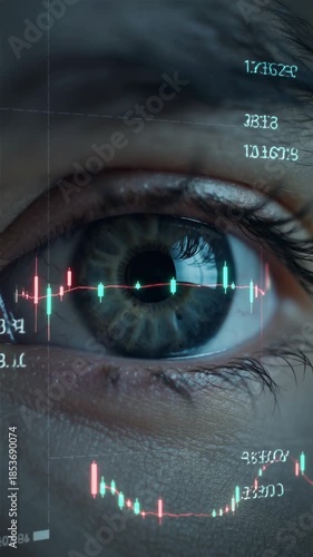 Close-up of an eye reflecting stock market charts, symbolizing focus on financial trends and analysis, vertical shot