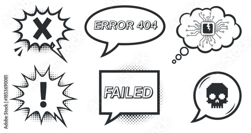 A collection of error and alert icons including 'Error 404', 'Failed', and warning symbols in black and white comic style, perfect for web design and digital communication