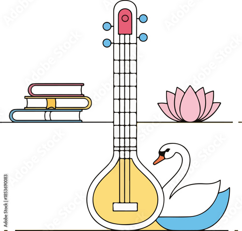 Hindu Goddess Saraswati Symbols Vector Art Veena Books Lotus and Swan Illustration for Education Music Wisdom