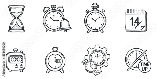 A collection of time-related icons including hourglass, clock, alarm, stopwatch, and calendar in black and white outline vector style, suitable for productivity and planning projects