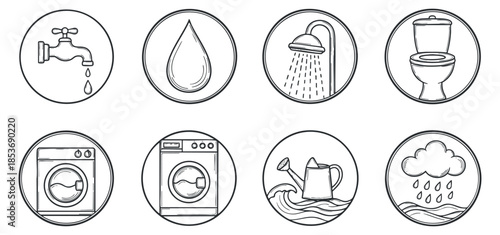 A collection of water-related icons including a faucet, droplet, showerhead, toilet, washing machine, and watering can in minimalist outline vector style, ideal for plumbing and home services.