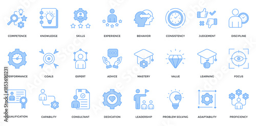 Competence icon set. Containing knowledge, skills, experience, performance, goals, expert, leadership icon. Lineal blue style