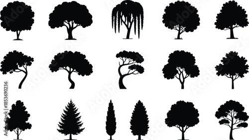 Tree silhouette vector set, diverse canopy shapes, botanical icon, black outline, landscape element, foliage structure, nature design
