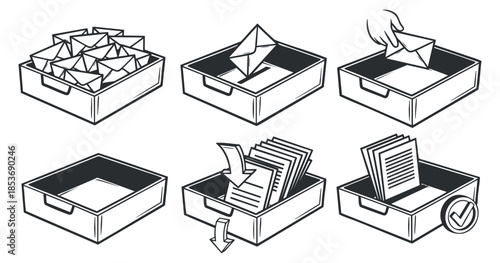 A set of illustrations depicting the process of sorting mail and documents in a black and white outline vector style, ideal for office organization themes