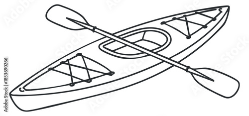 A kayak with paddle in simple black and white outline vector style, suitable for outdoor adventure themes and recreational designs