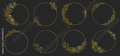 Golden floral wreath frames and circular botanical borders, elegant line art flowers and leaves, luxury decorative wedding invitation design set on transparent background
