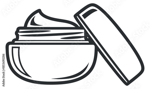 A cosmetic cream jar with an open lid in outline vector style, ideal for beauty and skincare branding