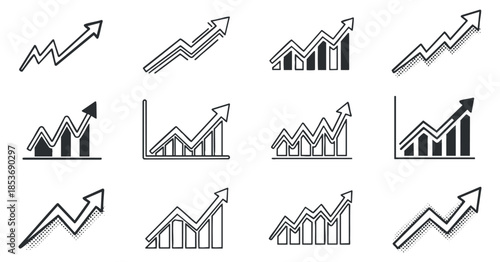 A collection of upward trending graphs and charts in black and white minimalist vector style, ideal for business presentations and financial reports