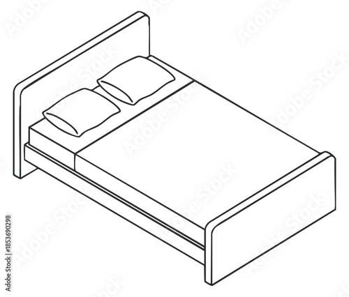 A minimalist outline illustration of a double bed with pillows and bedding in modern vector style, suitable for interior design projects