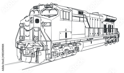 A detailed outline of a freight train locomotive in black and white vector style, suitable for transportation and engineering projects