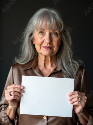 Old woman holds a blank sig...