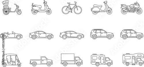 Vehicle, transport, icon, vector, black, line art, rickshaw, scooter, motorcycle, car, SUV, truck, van, motorhome, bicycle, convertible, illustration