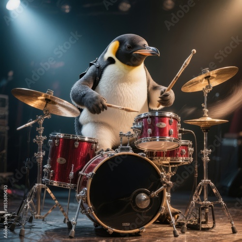 Anthropomorphic penguin plays the drum.