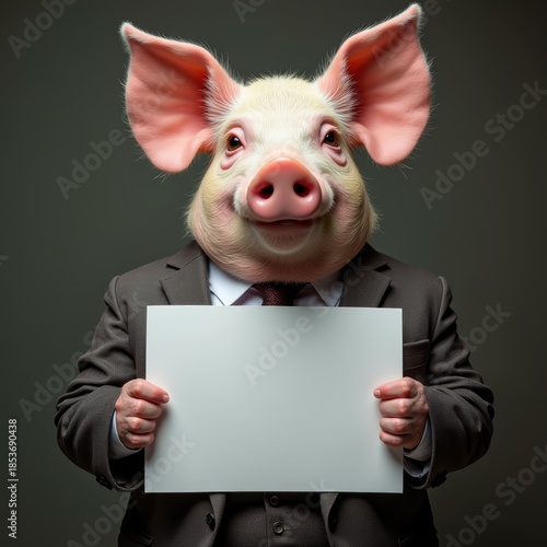 Anthropomorphic pig holding blank sign, dressed in a suit.